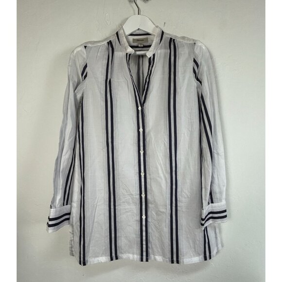 Faconnable Womens White & Navy Striped Long Sleeve Button-Up Tunic Shirt Medium - Picture 1 of 9